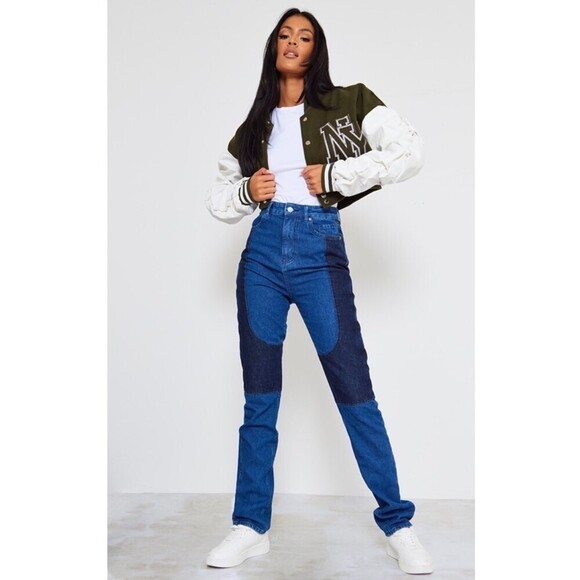 NWT PrettyLittleThing Tall 90s Straight Leg Contrast Colored Panel Jeans y2k - Picture 1 of 10